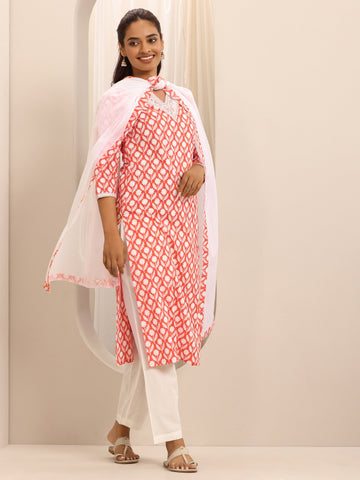 Orange Printed Cotton Blend Straight Suit Set With Dupatta