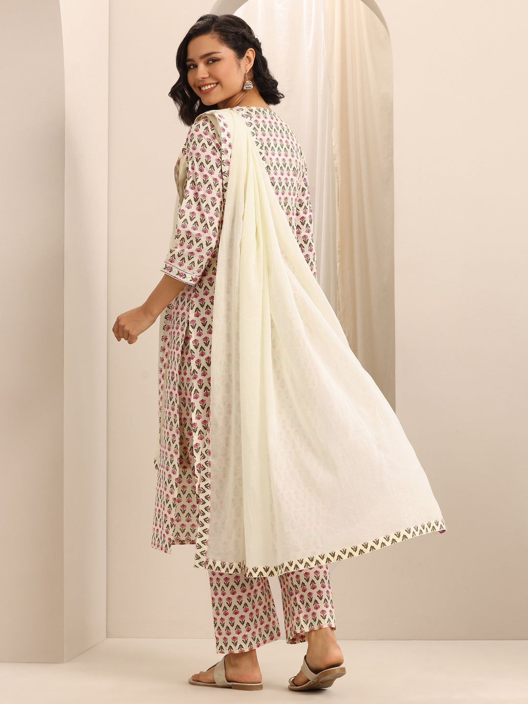  White Printed Cotton Blend Straight Suit Set With Dupatta 