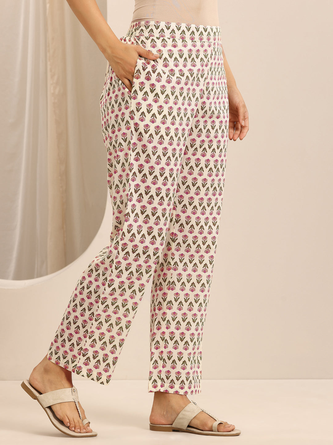  White Printed Cotton Blend Straight Suit Set With Dupatta 
