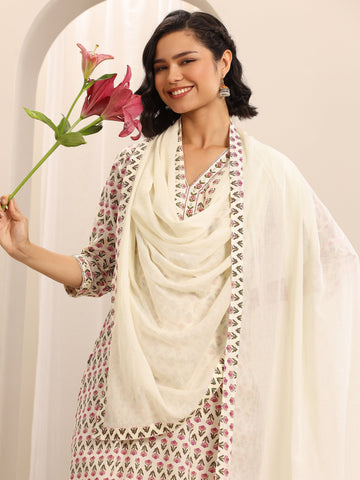 White Printed Cotton Blend Straight Suit Set With Dupatta