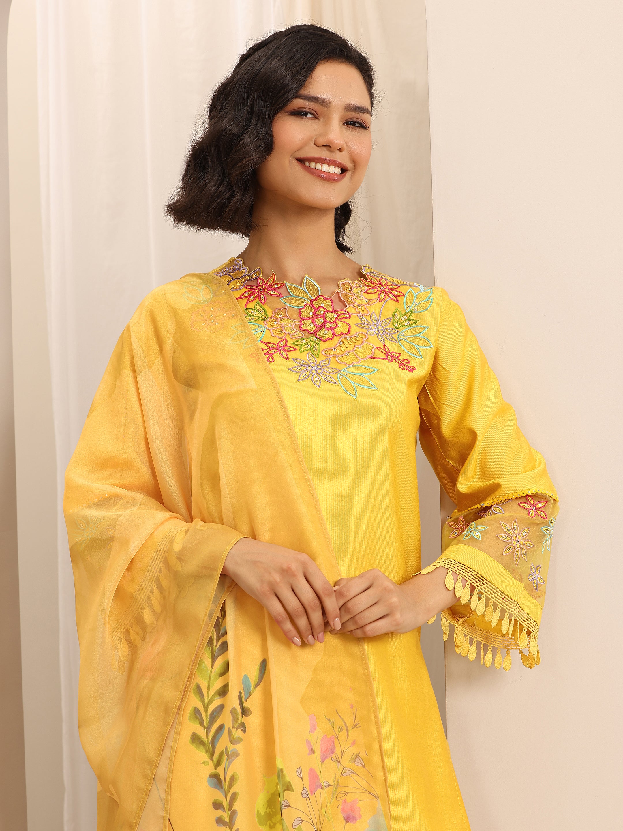 libas Yellow Embroidered Silk Blend Straight Suit Set With Dupatta-picture-11