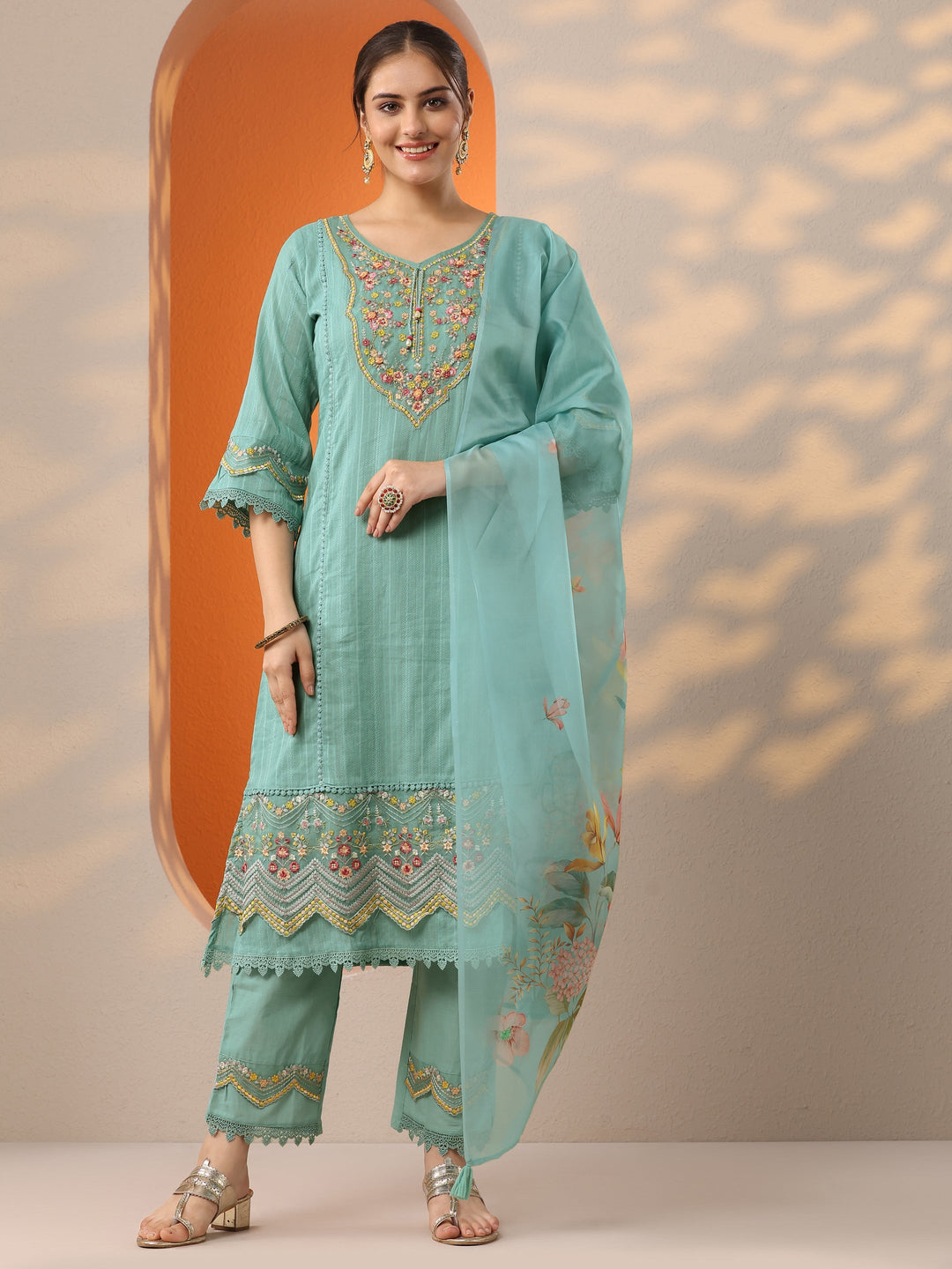 Turquoise blue Embroidered Cotton Blend A-line Suit Set With Dupatta