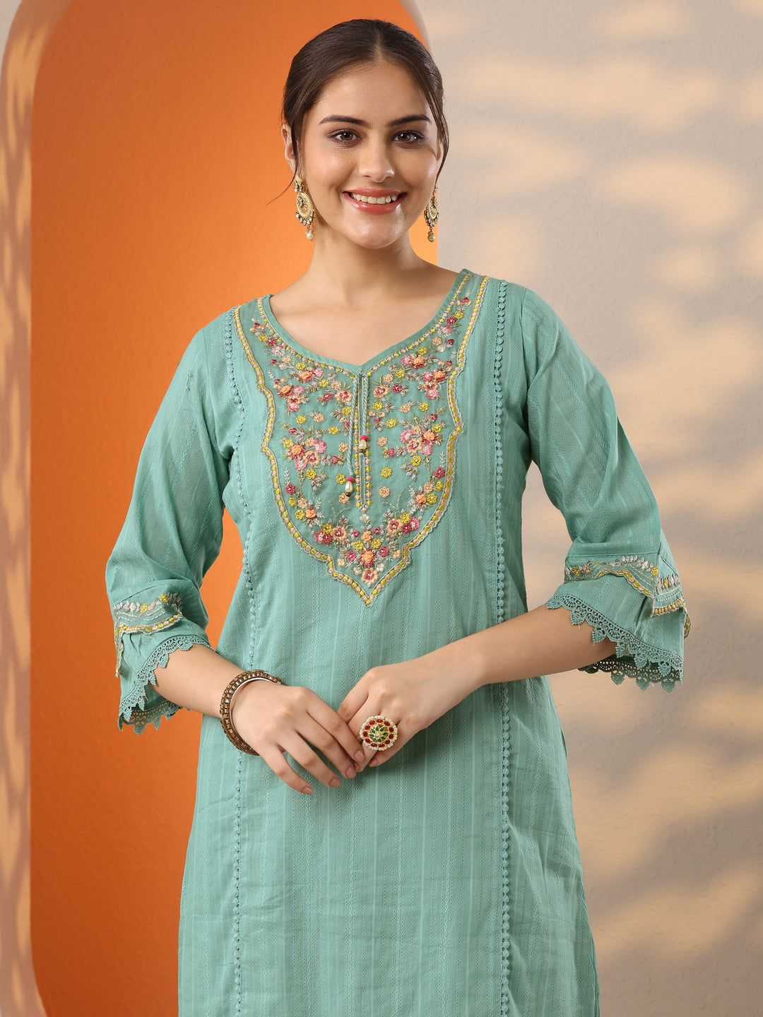  Turquoise blue Embroidered Cotton Blend A-line Suit Set With Dupatta 