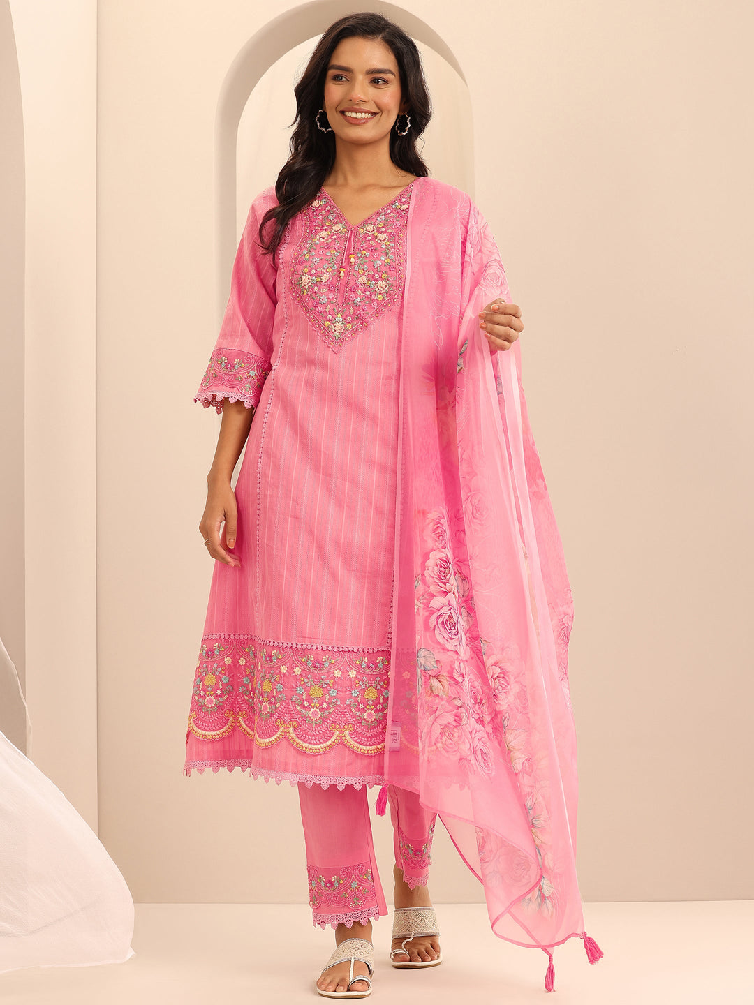  Peach Embroidered Cotton Blend A-line Suit Set With Dupatta 