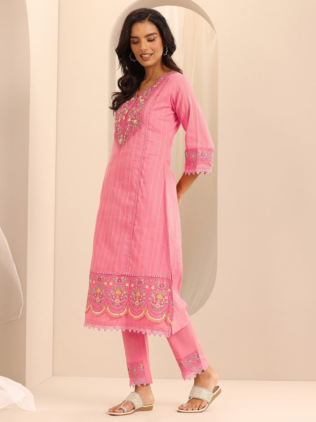  Peach Embroidered Cotton Blend A-line Suit Set With Dupatta 