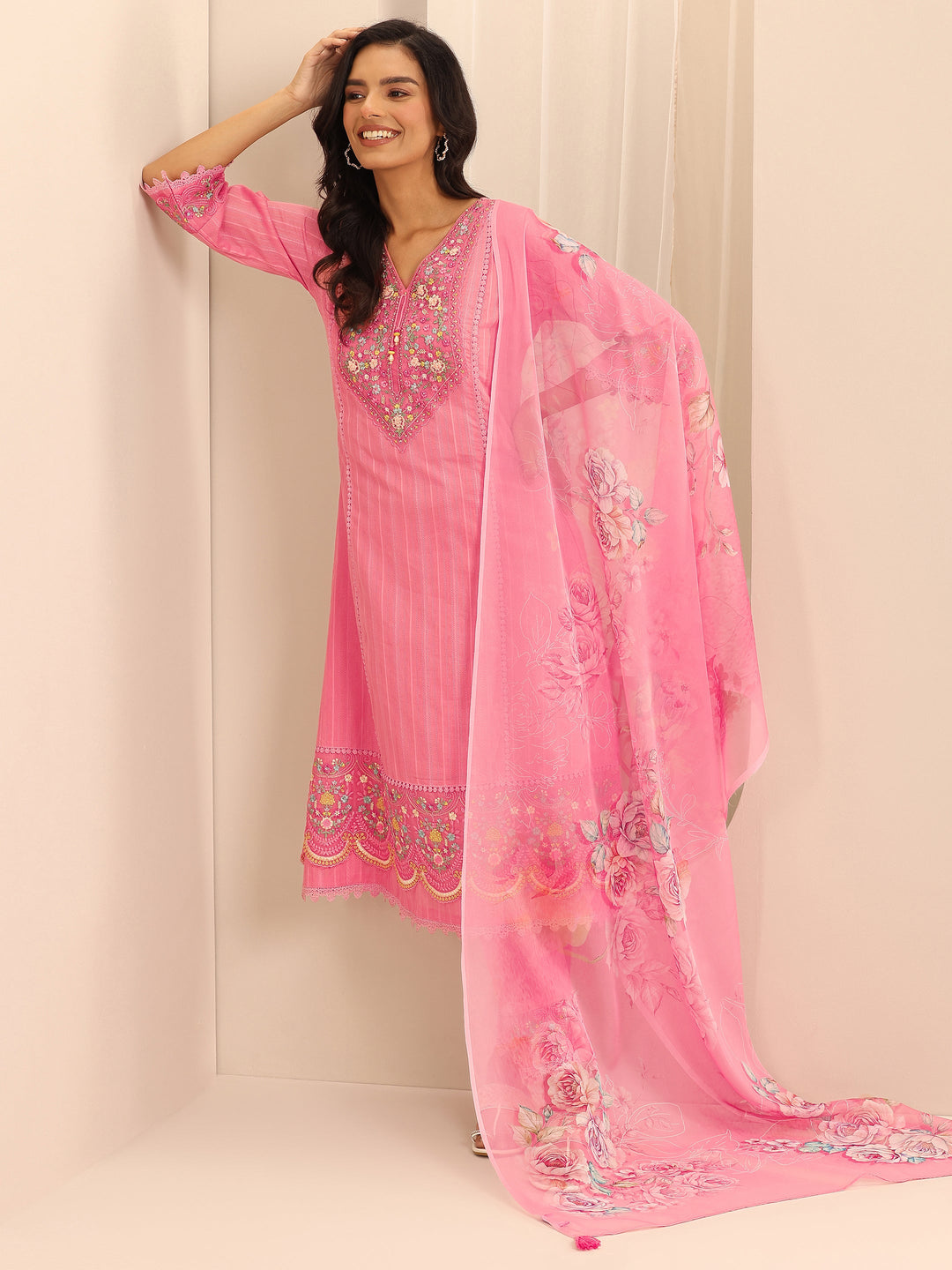  Peach Embroidered Cotton Blend A-line Suit Set With Dupatta 