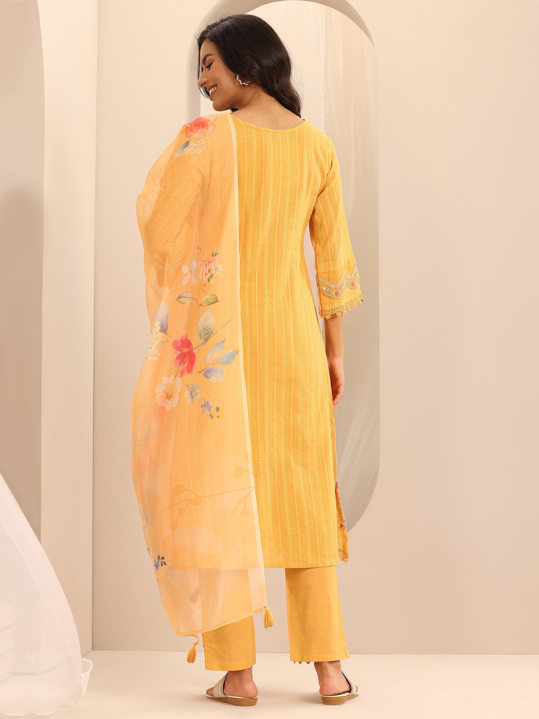  Mustard Embroidered Cotton Blend A-line Suit Set With Dupatta 