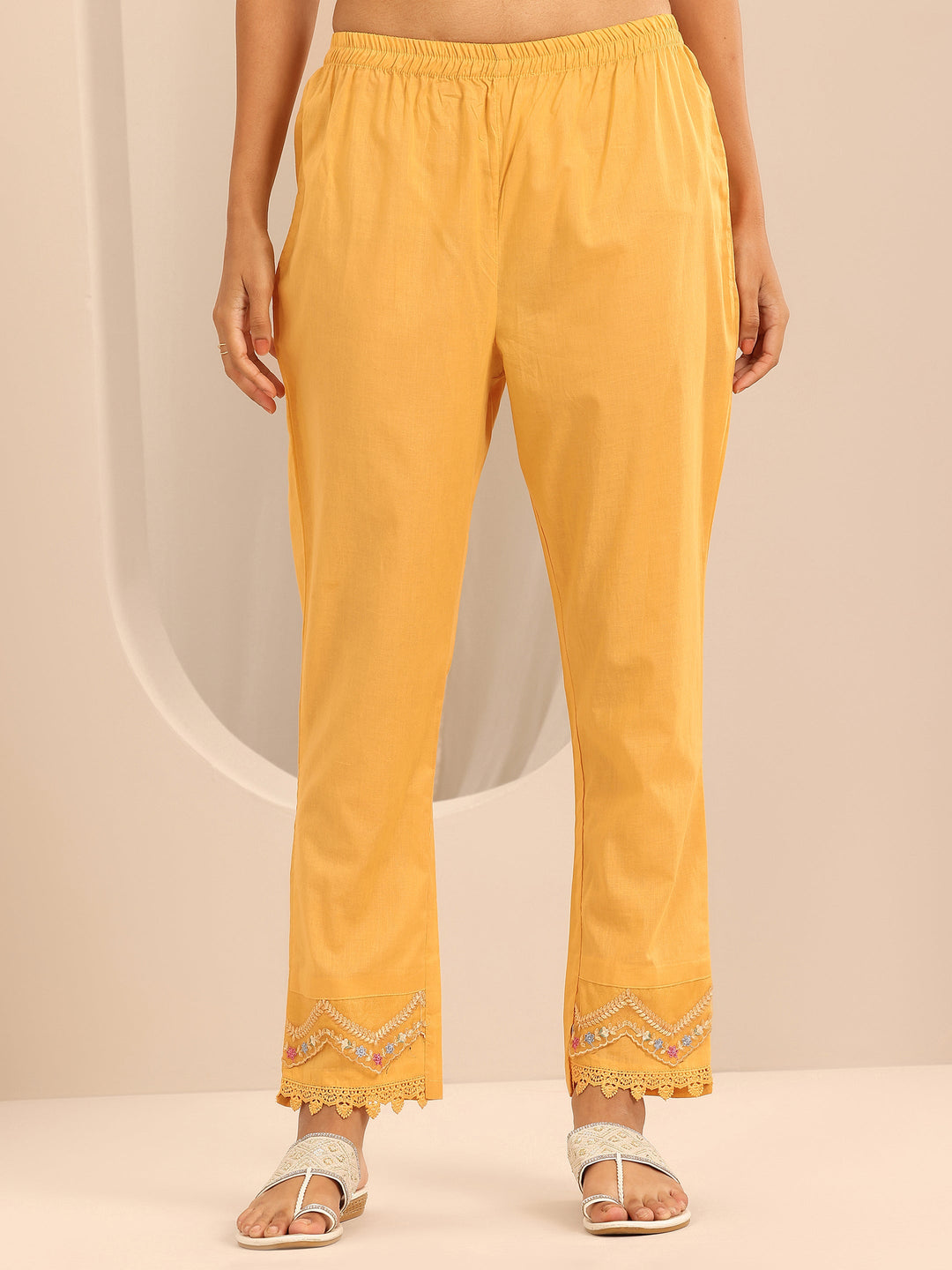  Mustard Embroidered Cotton Blend A-line Suit Set With Dupatta 