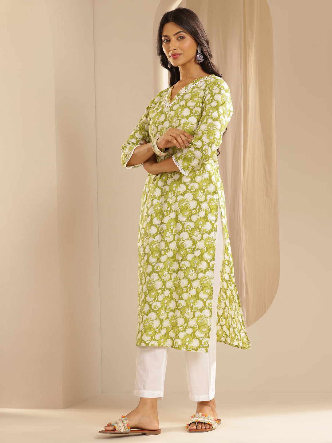  Green Printed Cotton Straight Suit Set With Dupatta 