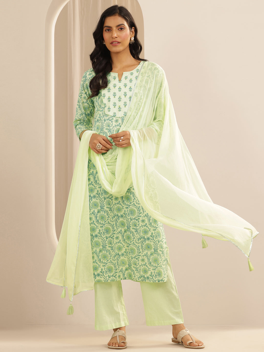  Green Printed Cotton Straight Suit Set With Dupatta 