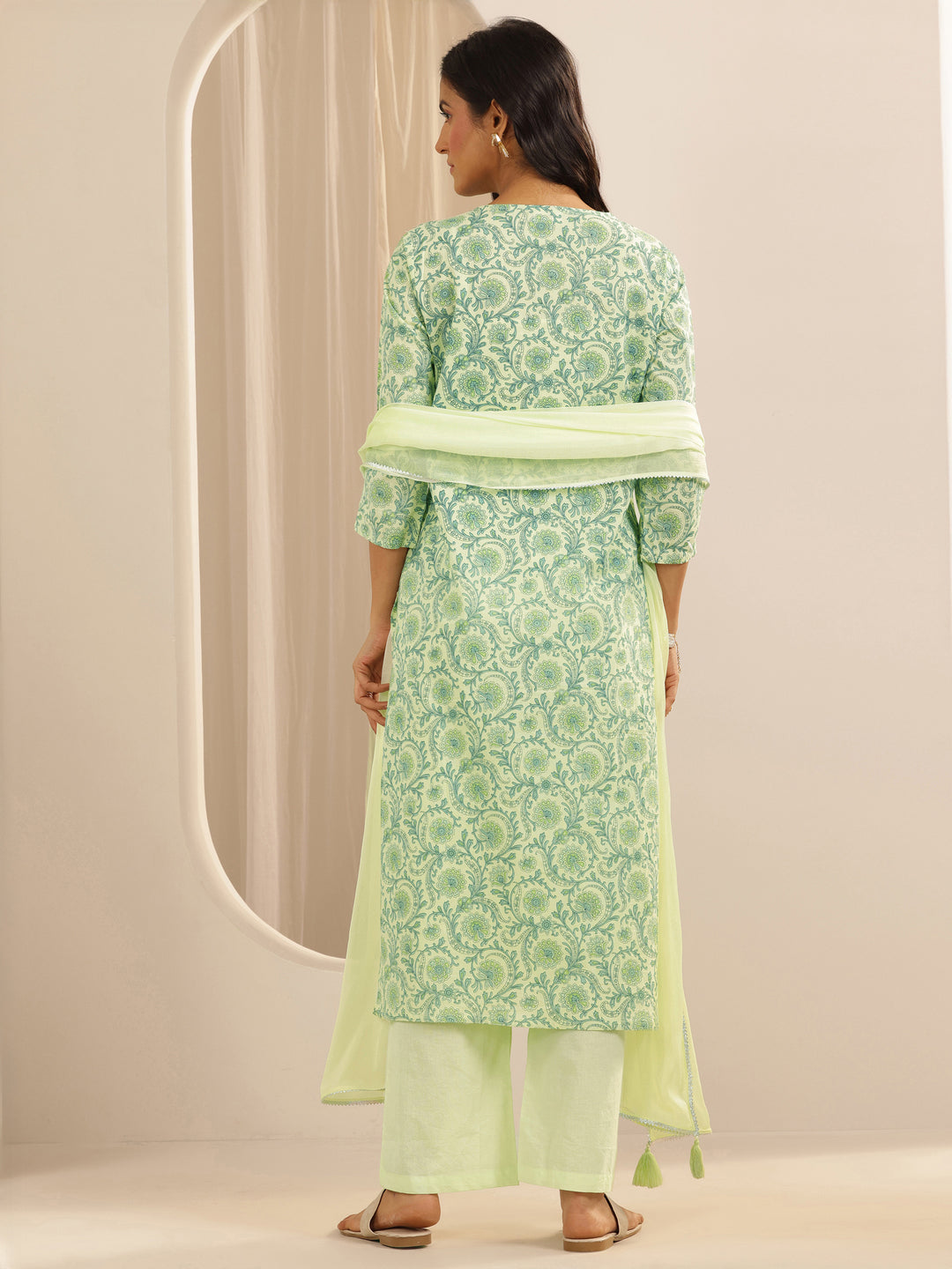  Green Printed Cotton Straight Suit Set With Dupatta 