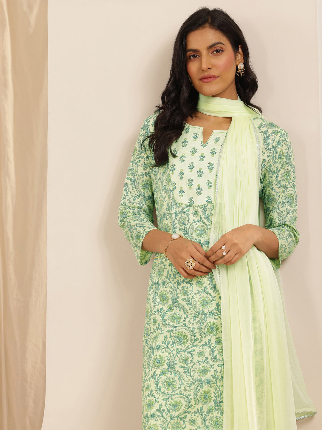  Green Printed Cotton Straight Suit Set With Dupatta 