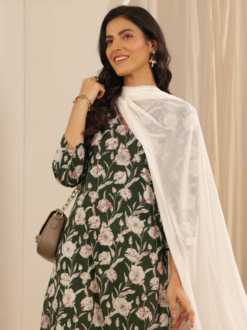 Green Printed Cotton Straight Suit Set With Dupatta