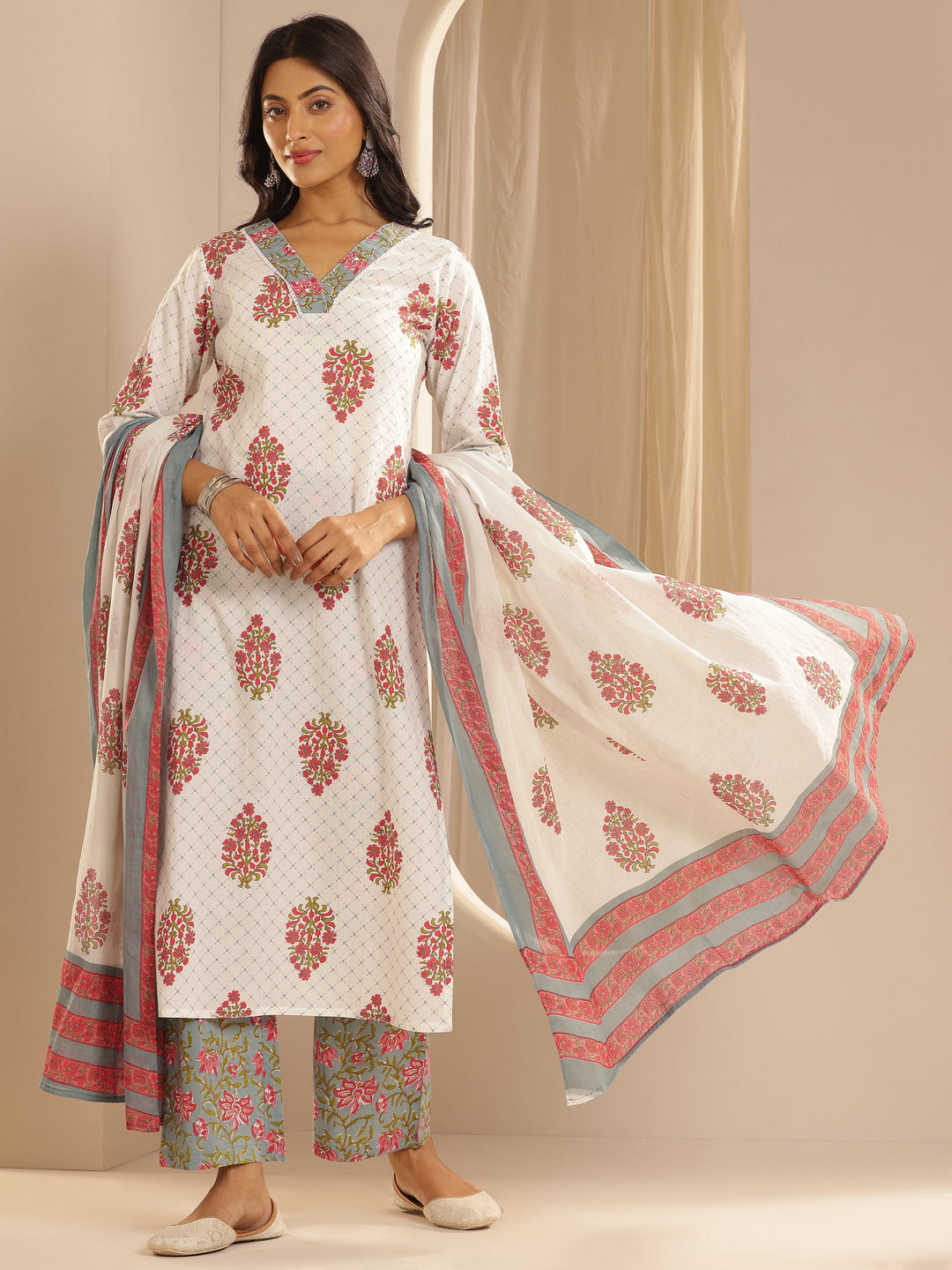  White Printed Cotton Straight Suit Set With Dupatta 