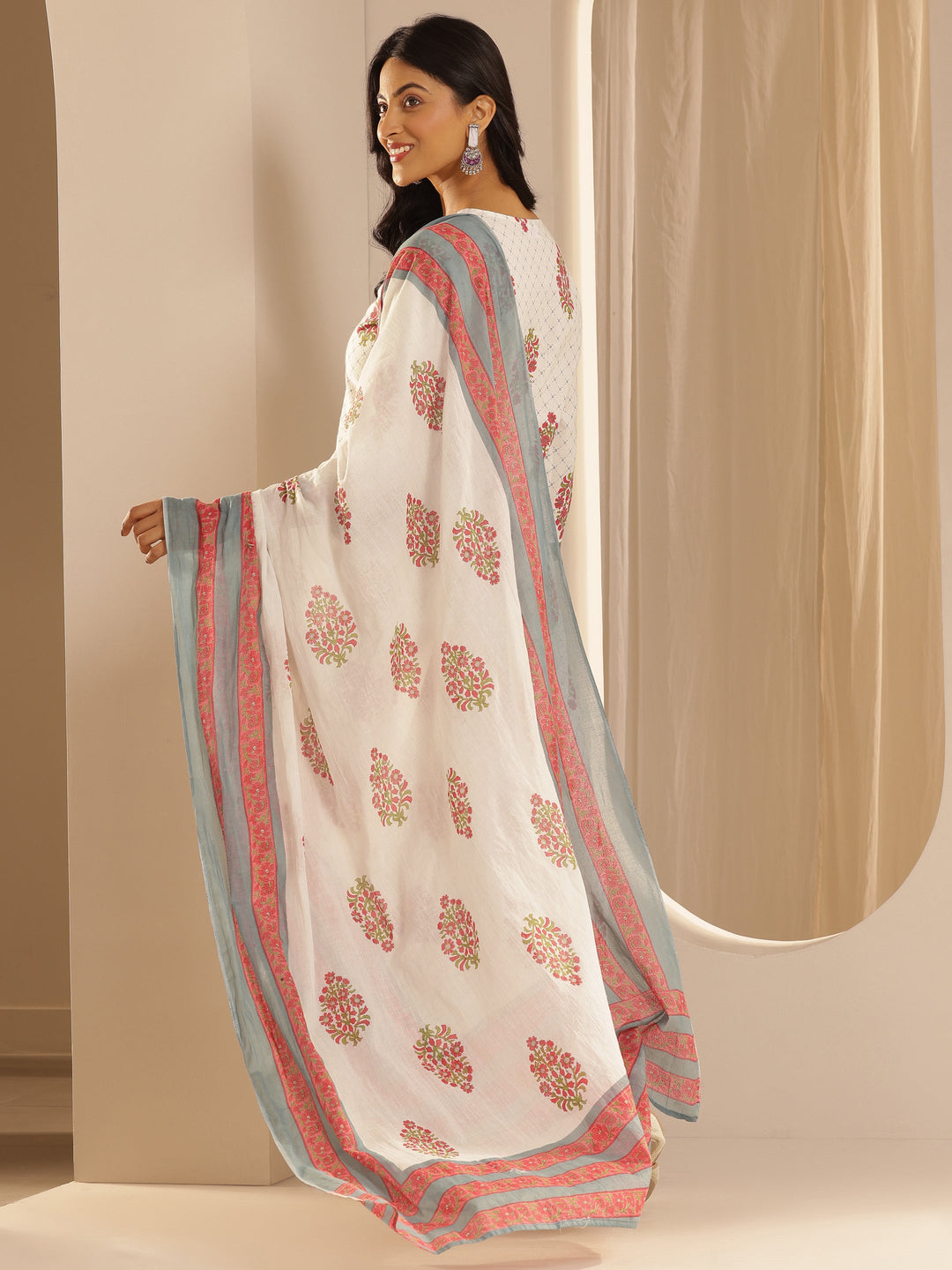  White Printed Cotton Straight Suit Set With Dupatta 
