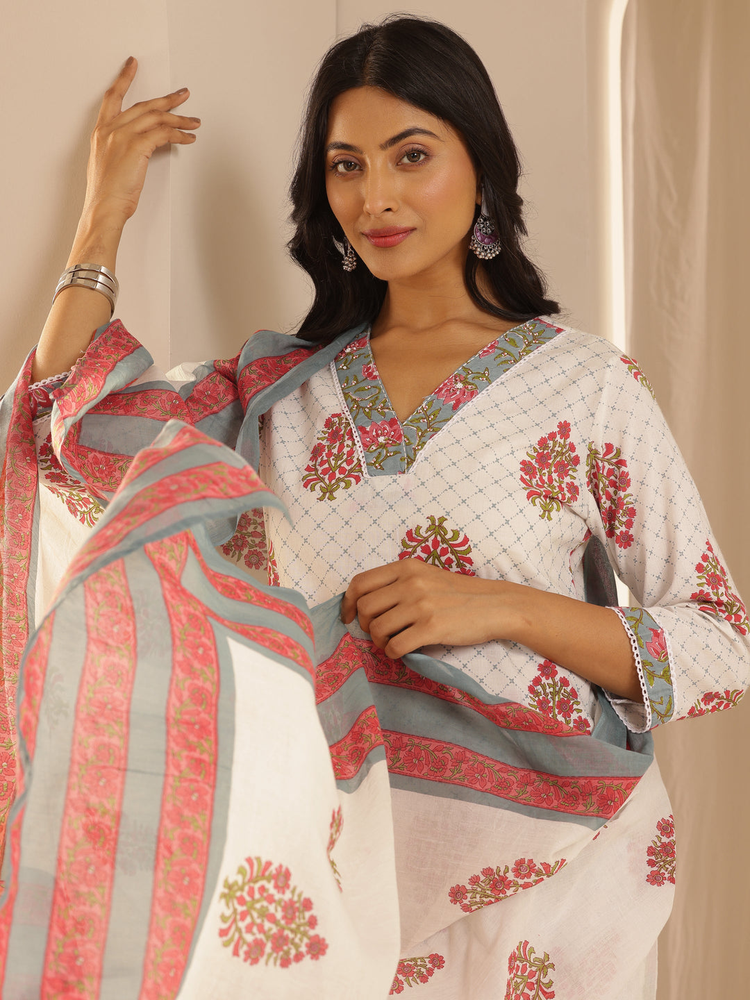  White Printed Cotton Straight Suit Set With Dupatta 
