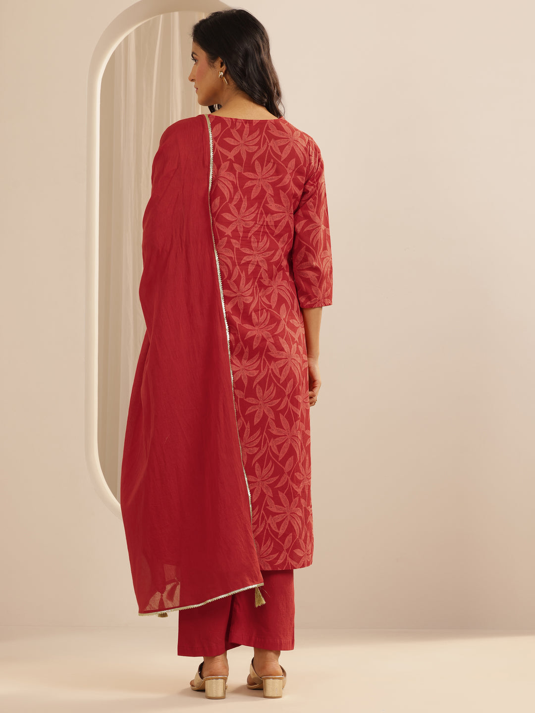  Red Printed Cotton Straight Suit Set With Dupatta 