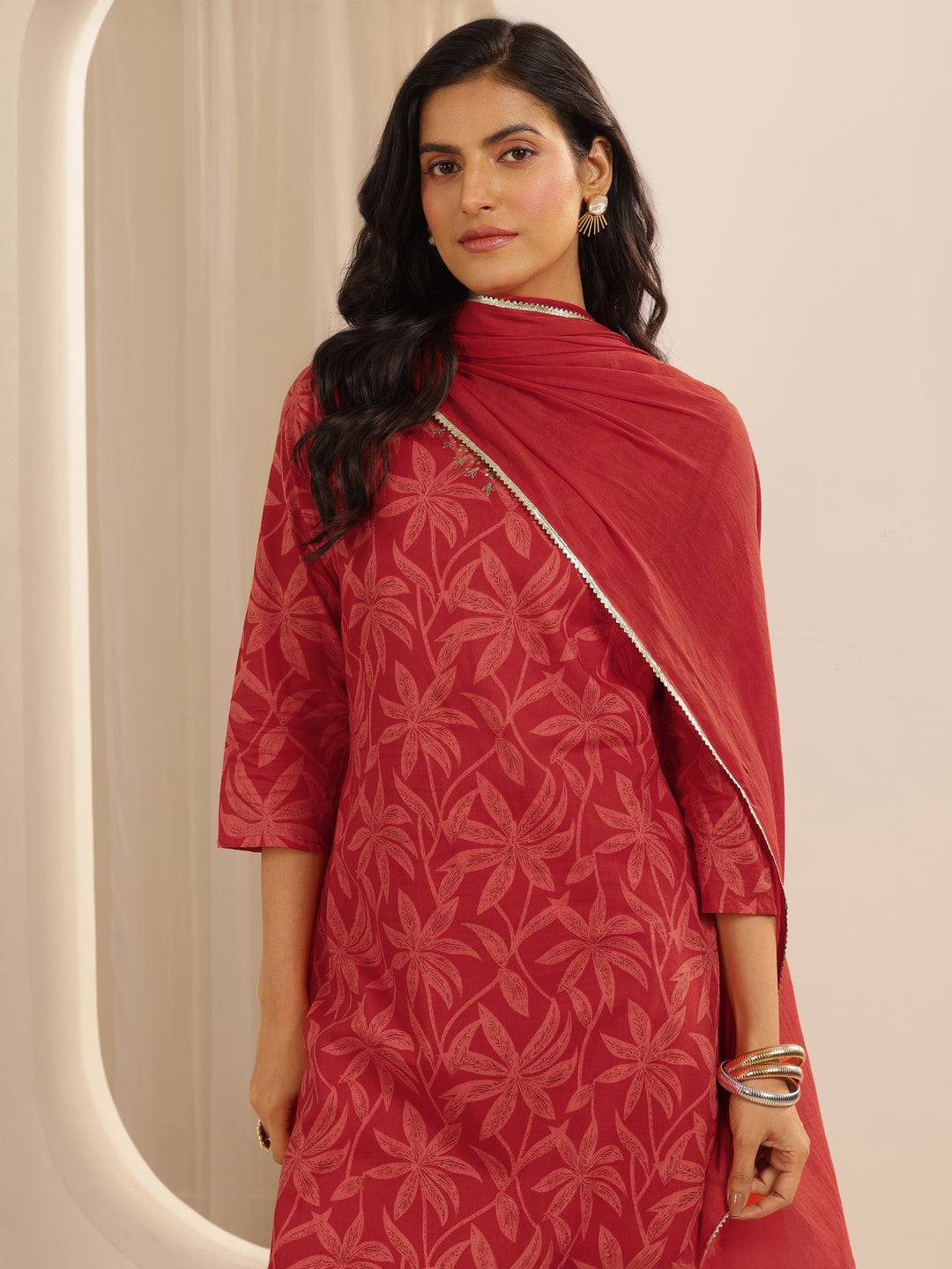  Red Printed Cotton Straight Suit Set With Dupatta 