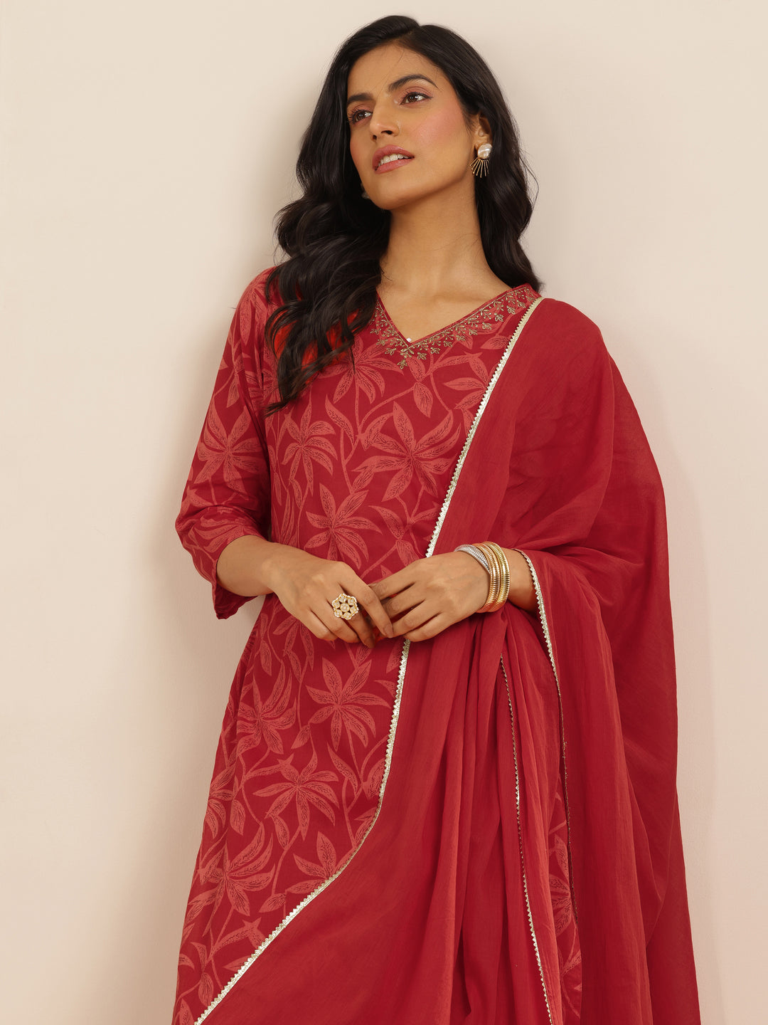  Red Printed Cotton Straight Suit Set With Dupatta 