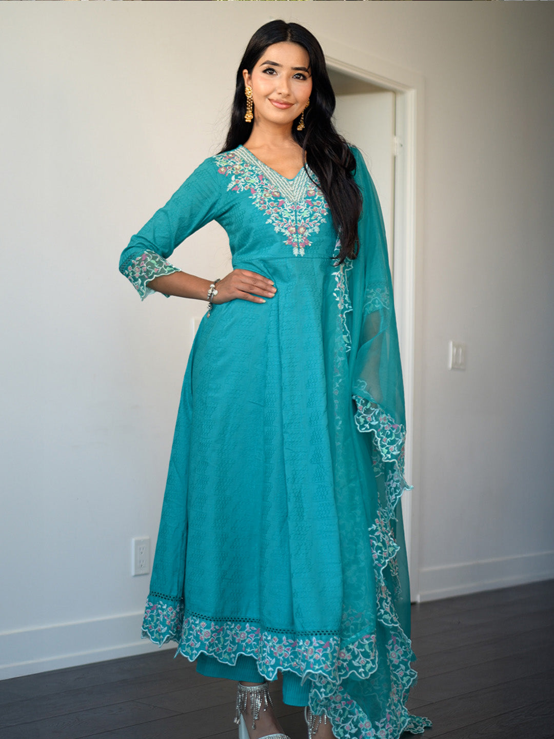 libas Blue Embroidered Cotton Anarkali Suit Set With Dupatta-picture-53