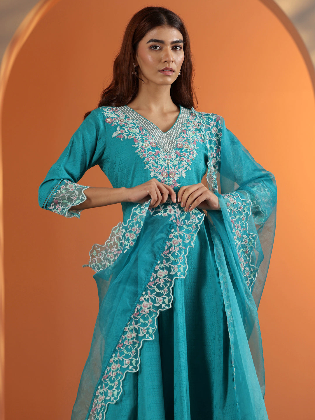  Blue Embroidered Cotton Anarkali Suit Set With Dupatta 