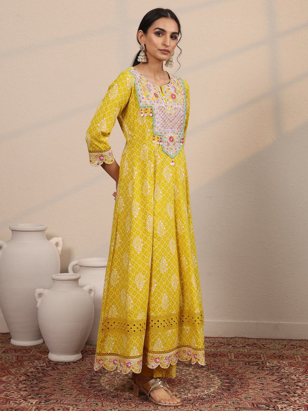  Yellow Printed Cotton Blend  Anarkali Suit Set With Dupatta 