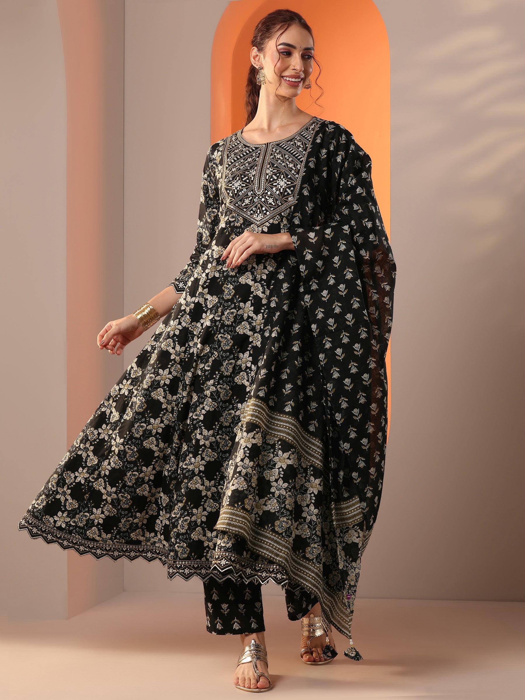 Black Printed Cotton Anarkali Suit Set With Dupatta
