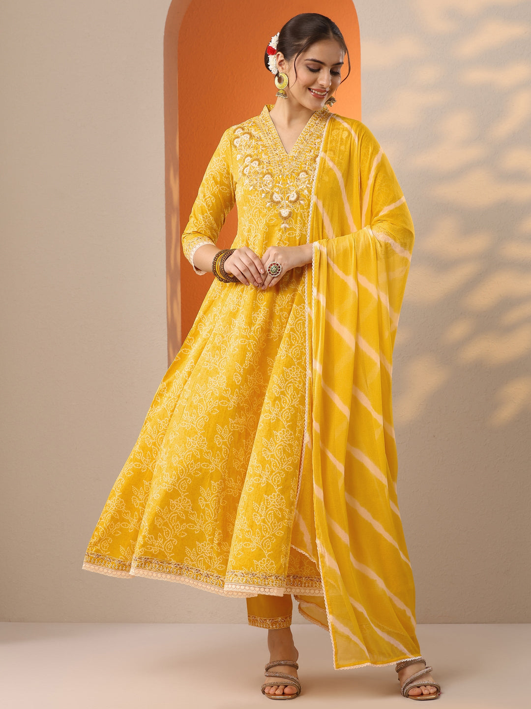  Yellow Embroidered Cotton Anarkali Suit Set With Dupatta 