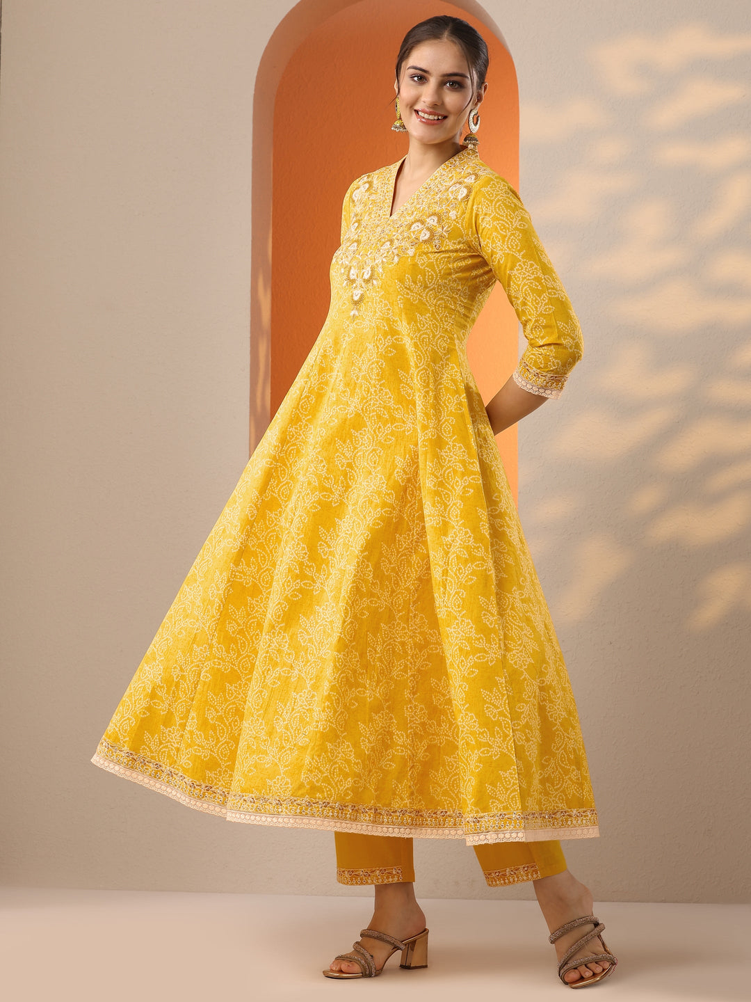  Yellow Embroidered Cotton Anarkali Suit Set With Dupatta 