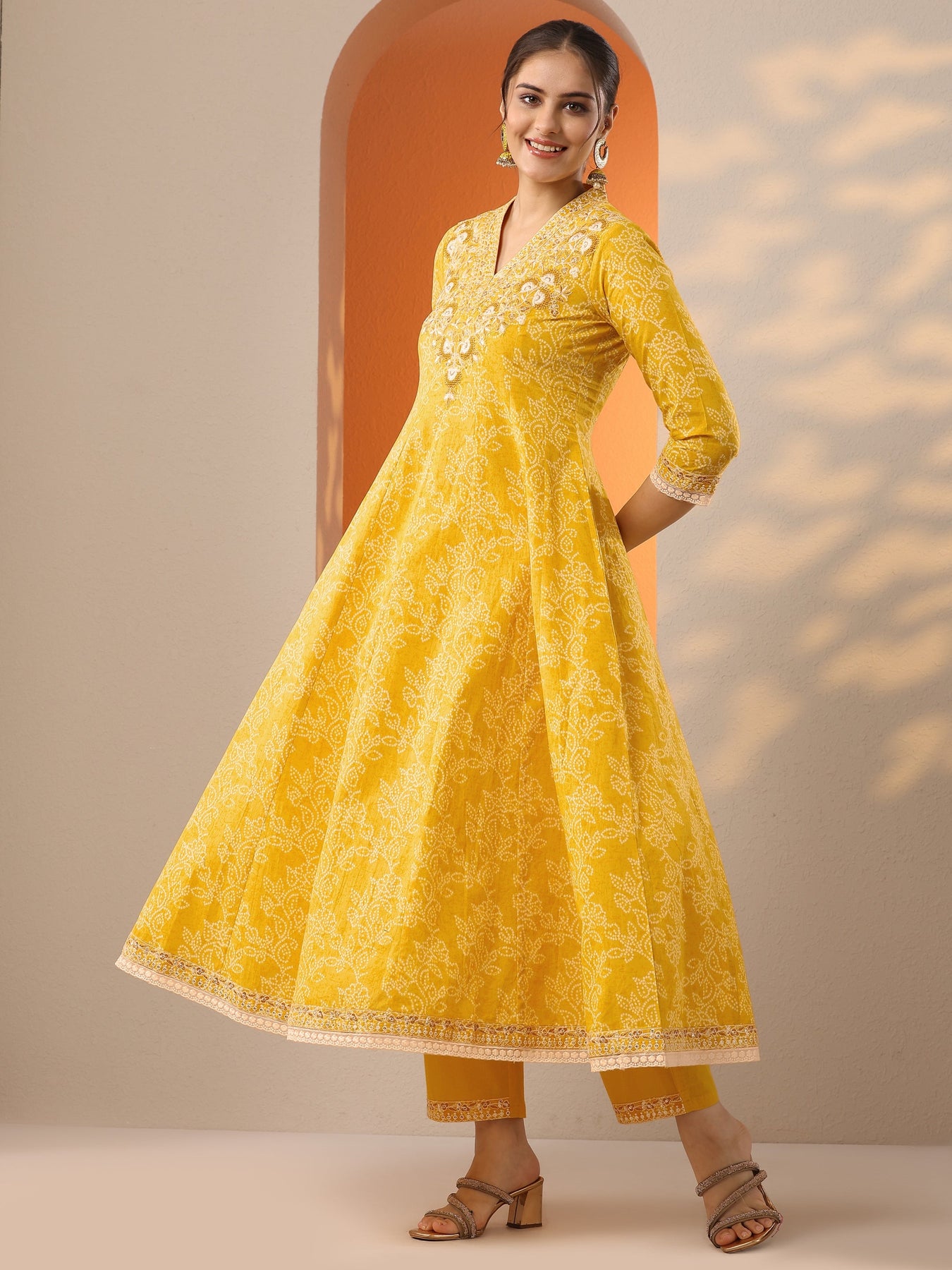 Buy Libas Yellow Embroidered Cotton Anarkali Suit Set With Dupatta Online at Rs.2129