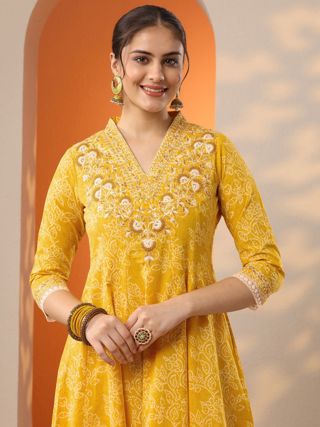  Yellow Embroidered Cotton Anarkali Suit Set With Dupatta 