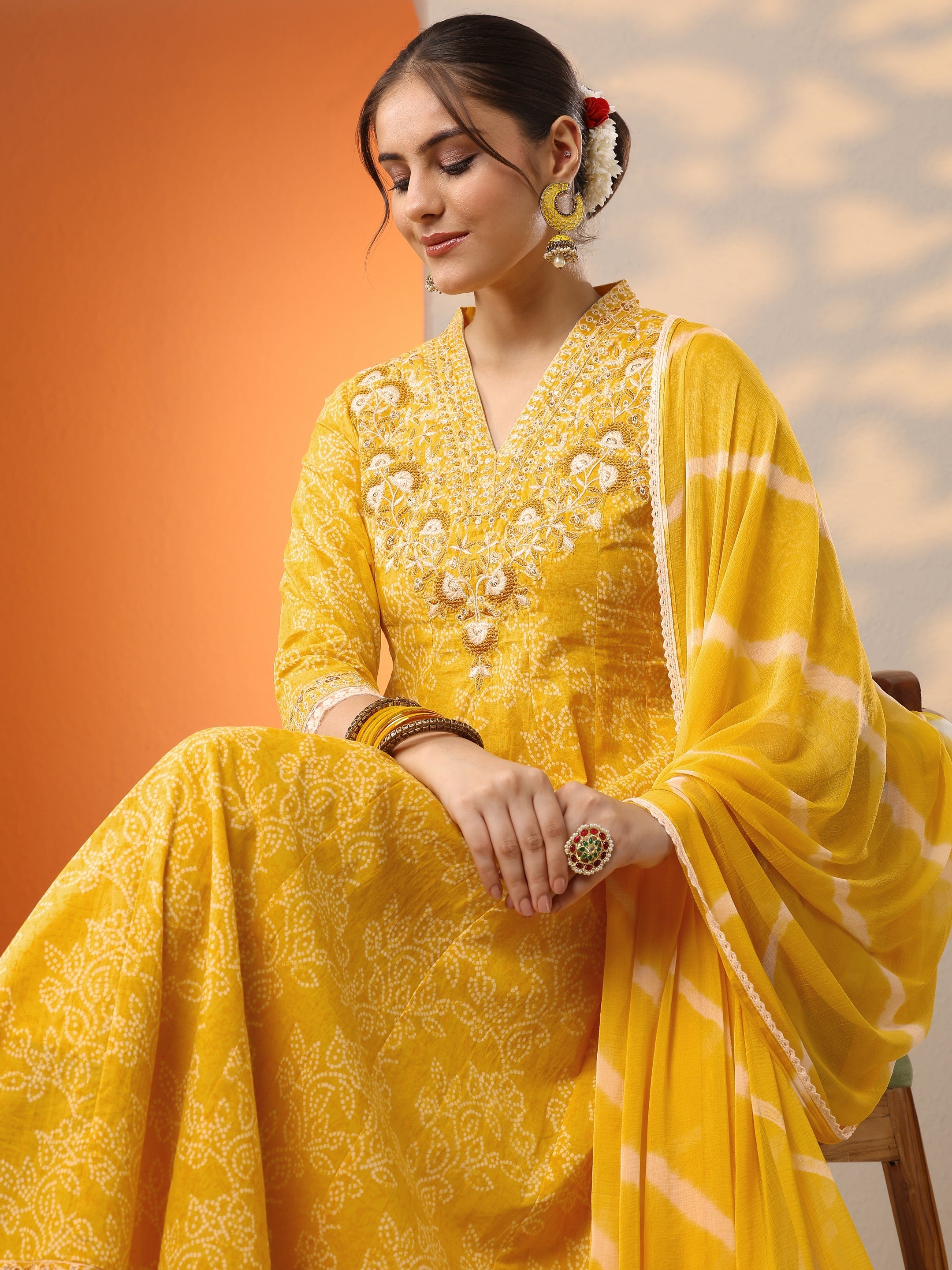 libas Yellow Embroidered Cotton Anarkali Suit Set With Dupatta-picture-53