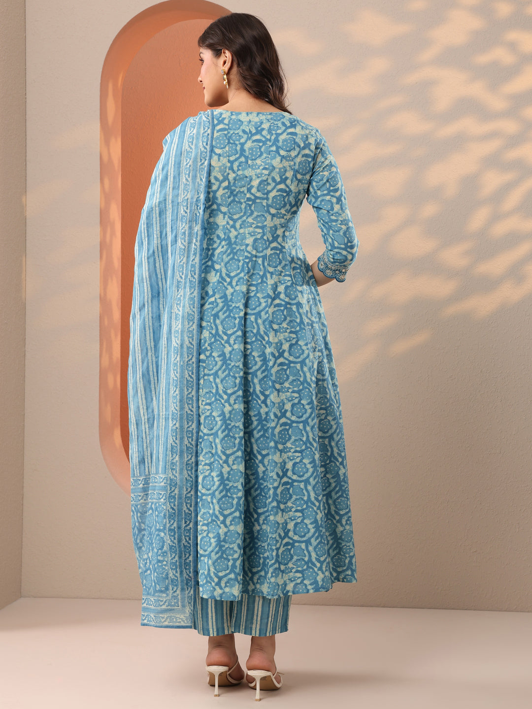  Blue Printed Cotton Anarkali Suit Set With Dupatta 