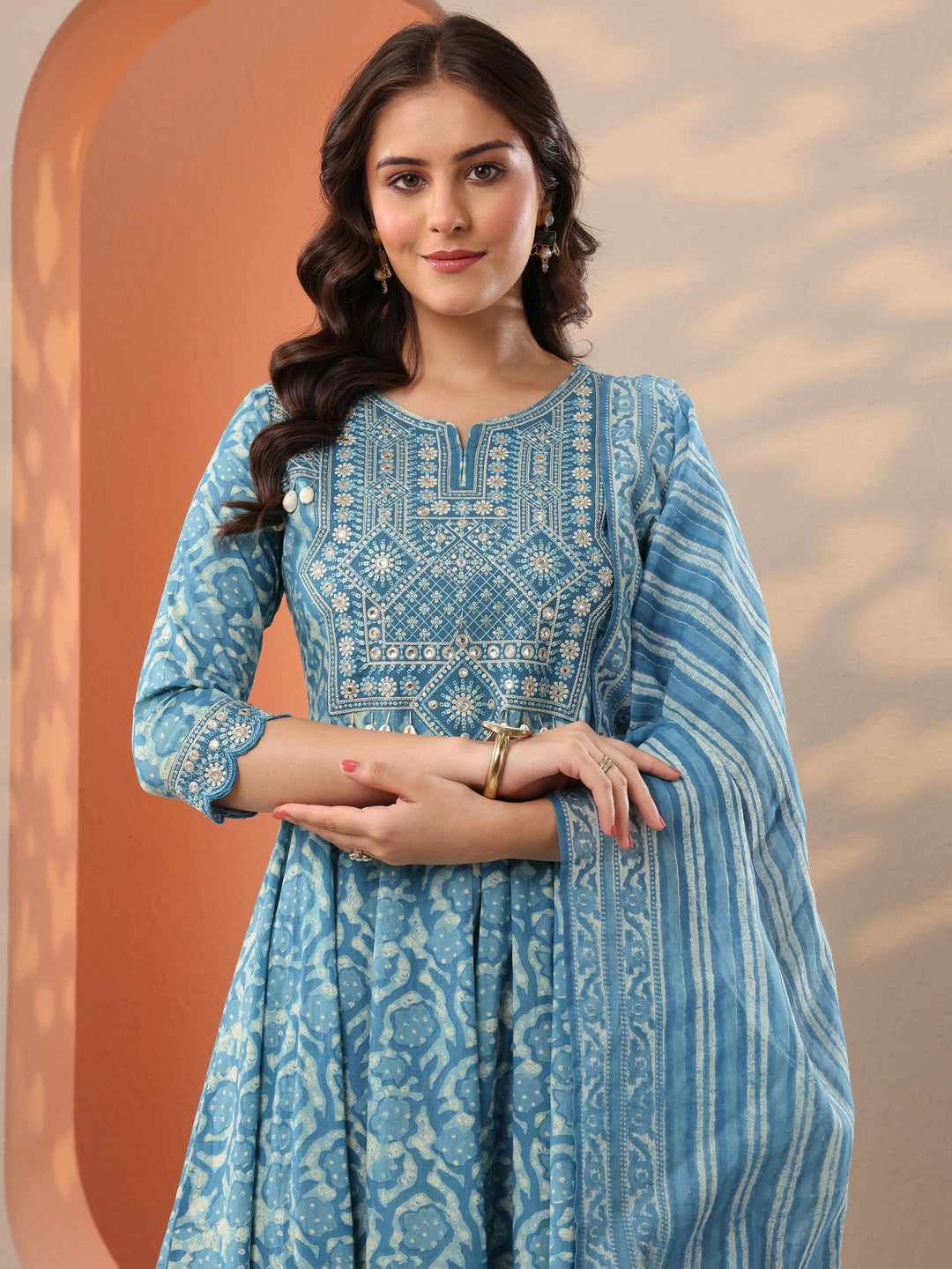  Blue Printed Cotton Anarkali Suit Set With Dupatta 