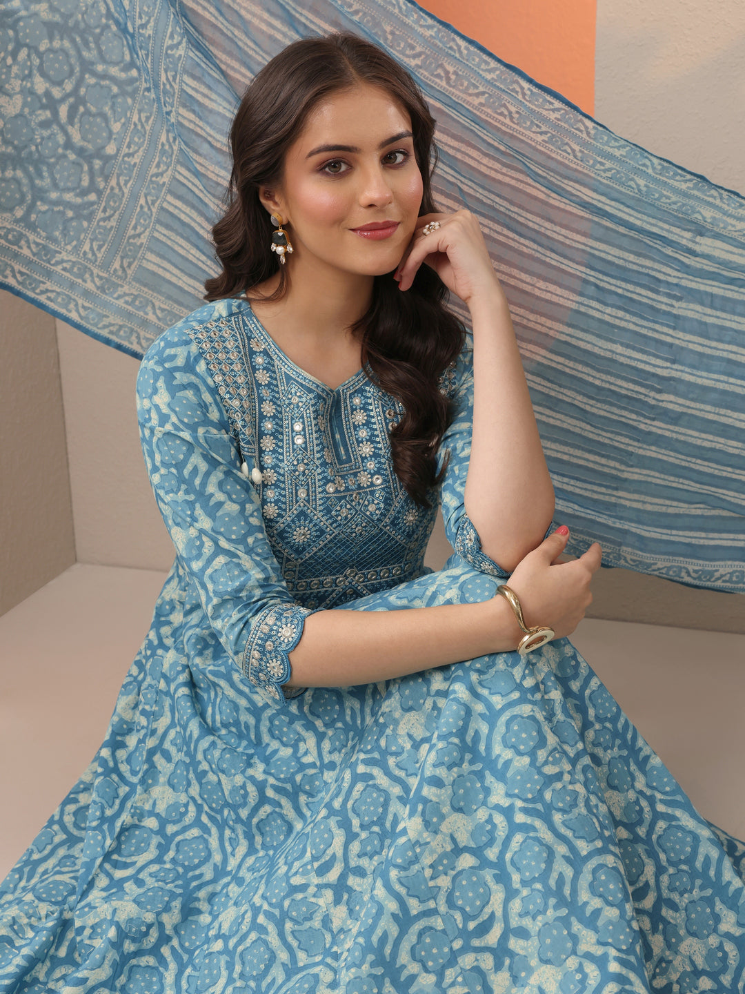  Blue Printed Cotton Anarkali Suit Set With Dupatta 