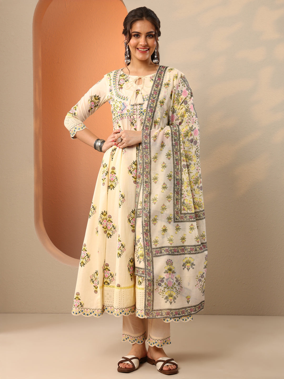  Off White Printed Cotton Anarkali Suit Set With Dupatta 