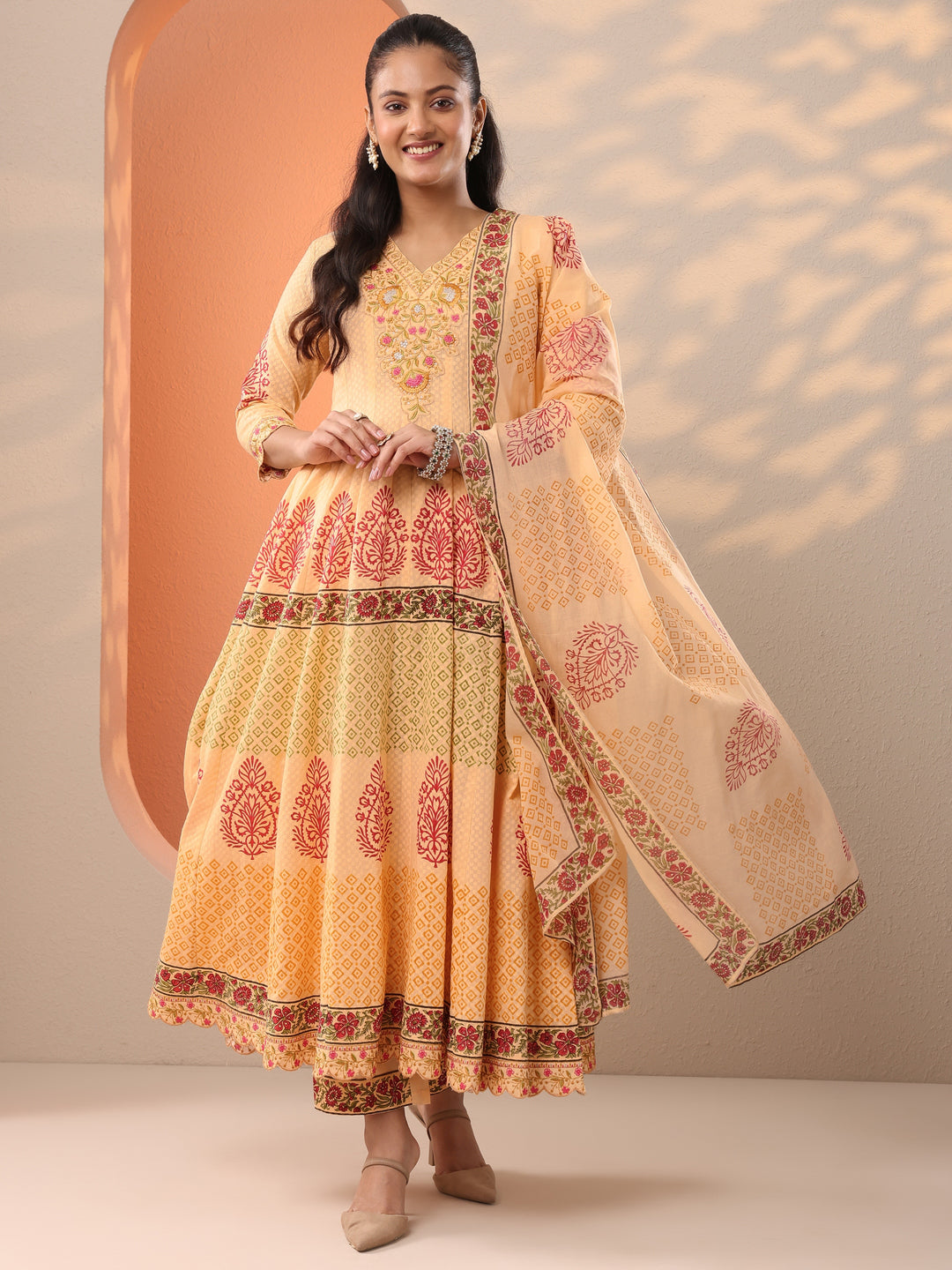  Peach Printed Cotton Anarkali Suit Set With Dupatta 