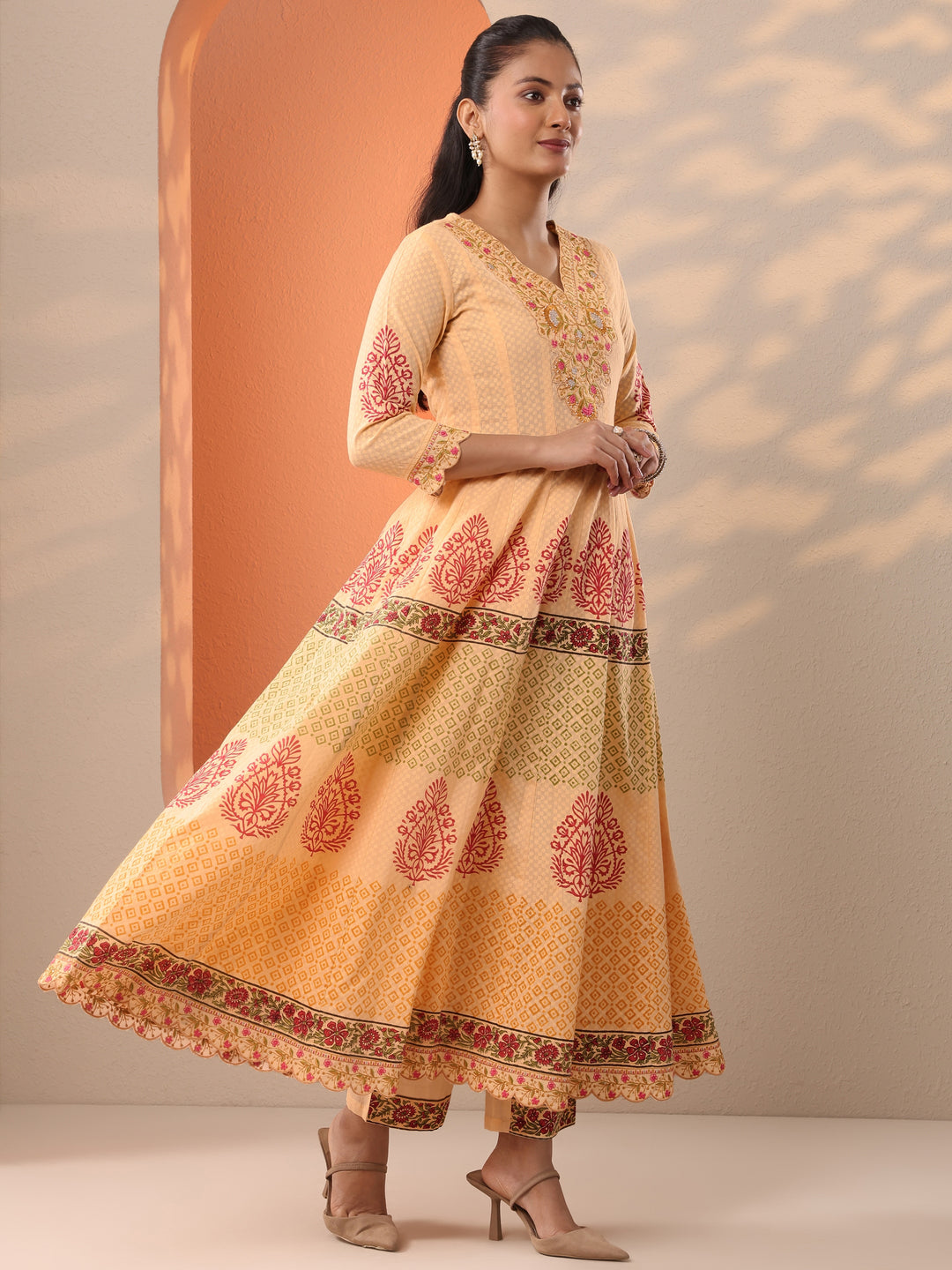  Peach Printed Cotton Anarkali Suit Set With Dupatta 