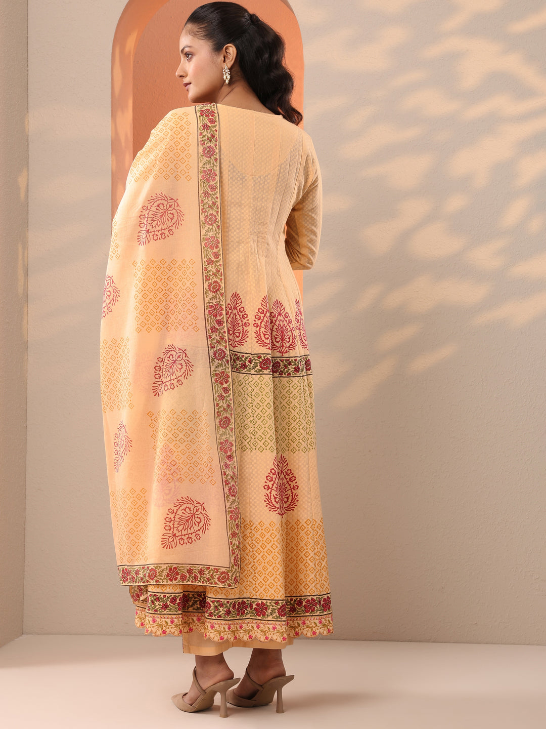 Peach Printed Cotton Anarkali Suit Set With Dupatta 