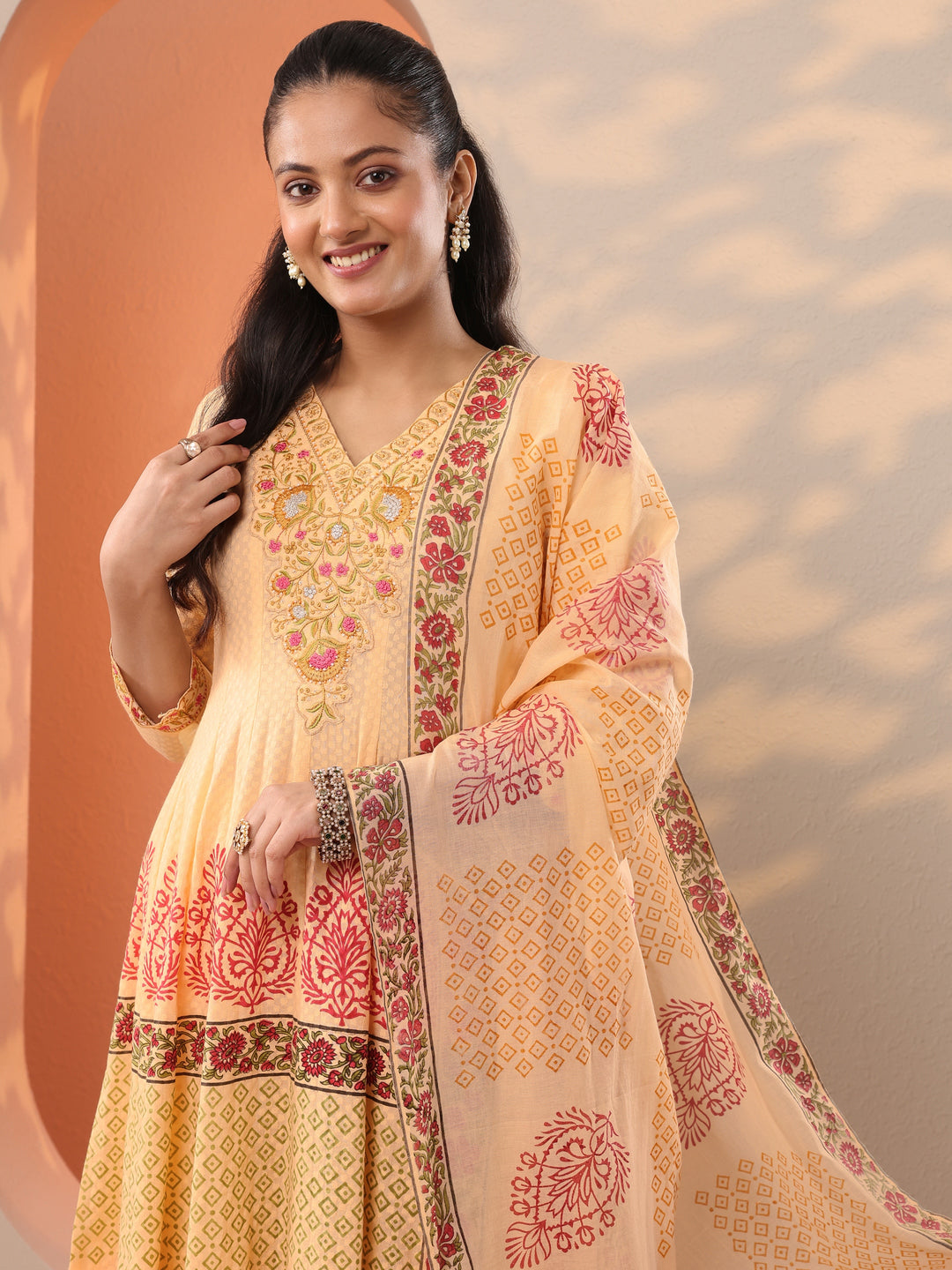  Peach Printed Cotton Anarkali Suit Set With Dupatta 