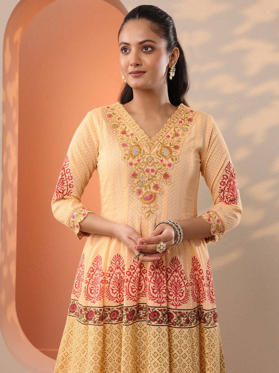 Peach Printed Cotton Anarkali Suit Set With Dupatta 