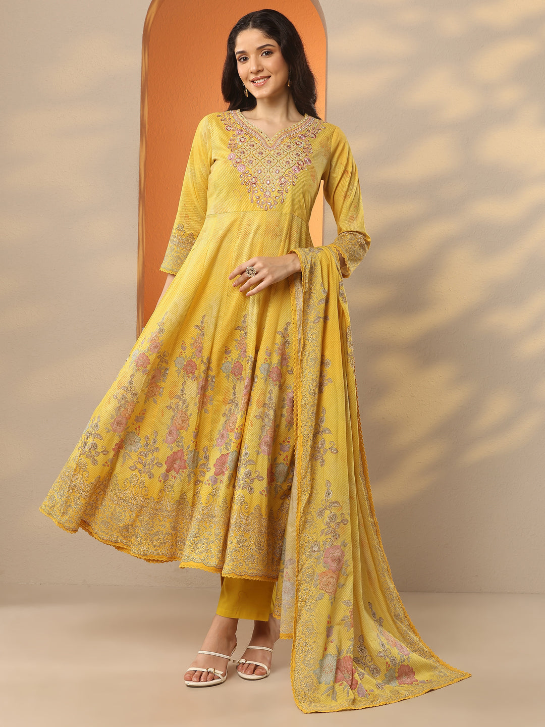  Mustard Printed Cotton Anarkali Suit Set With Dupatta 