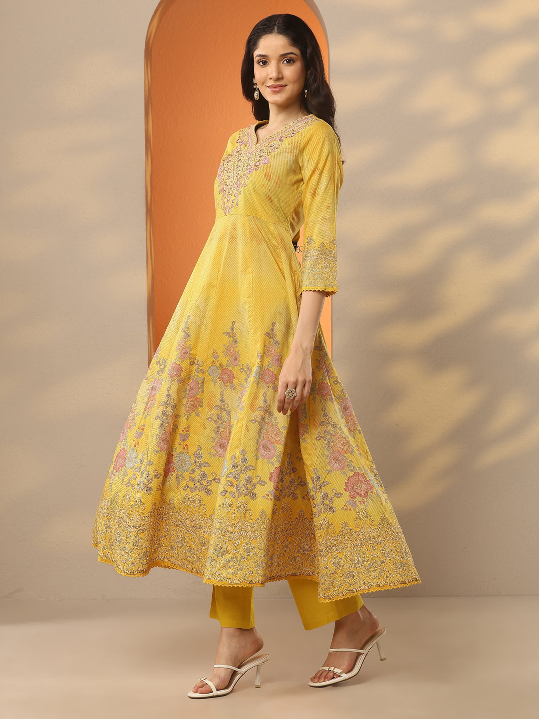  Mustard Printed Cotton Anarkali Suit Set With Dupatta 