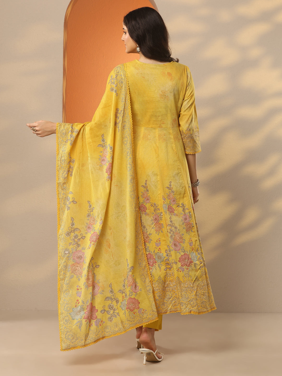  Mustard Printed Cotton Anarkali Suit Set With Dupatta 