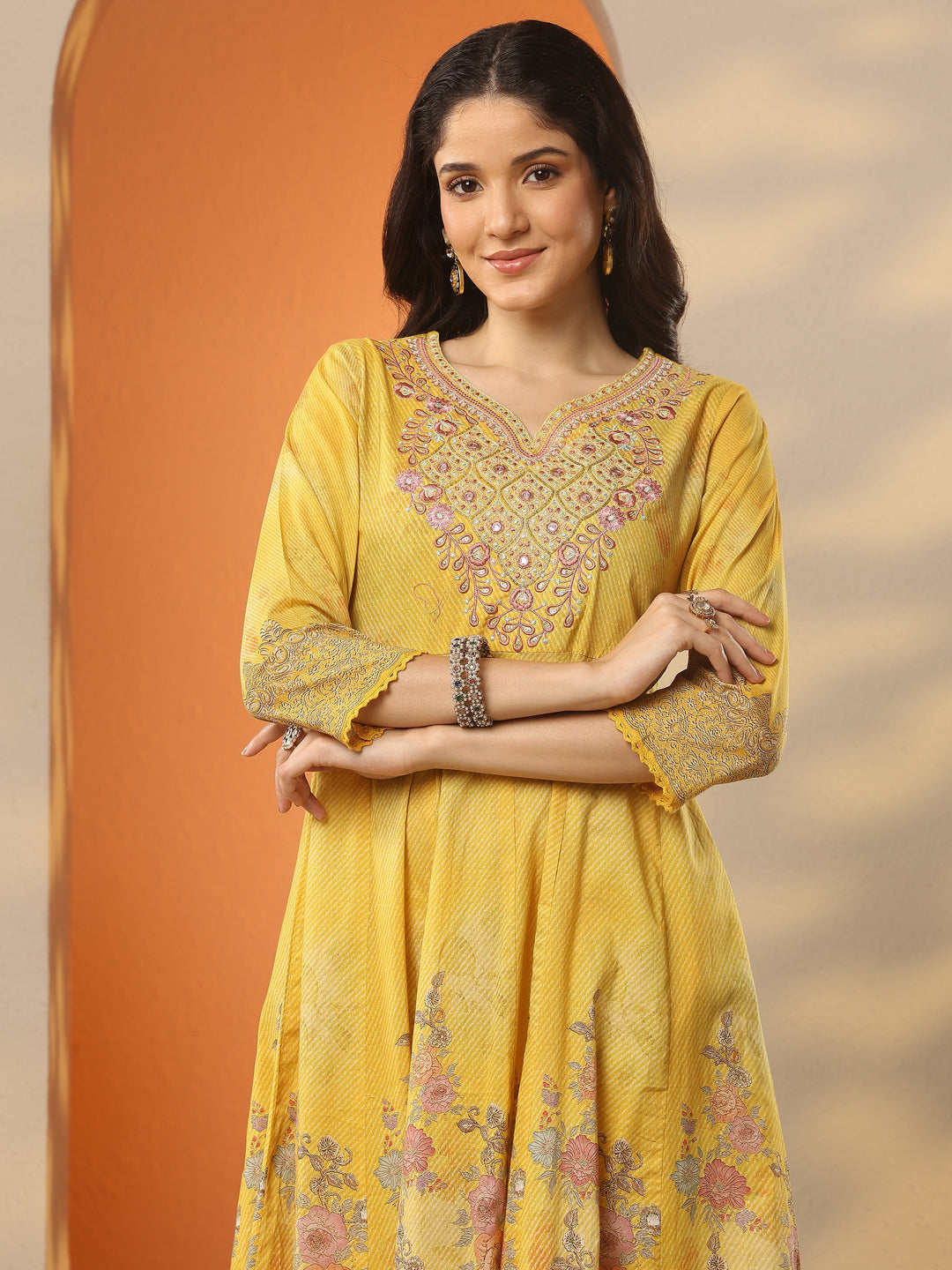  Mustard Printed Cotton Anarkali Suit Set With Dupatta 