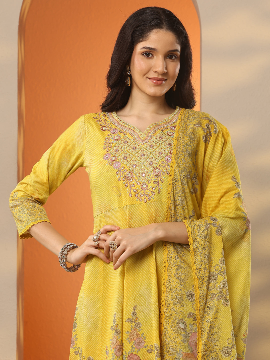  Mustard Printed Cotton Anarkali Suit Set With Dupatta 