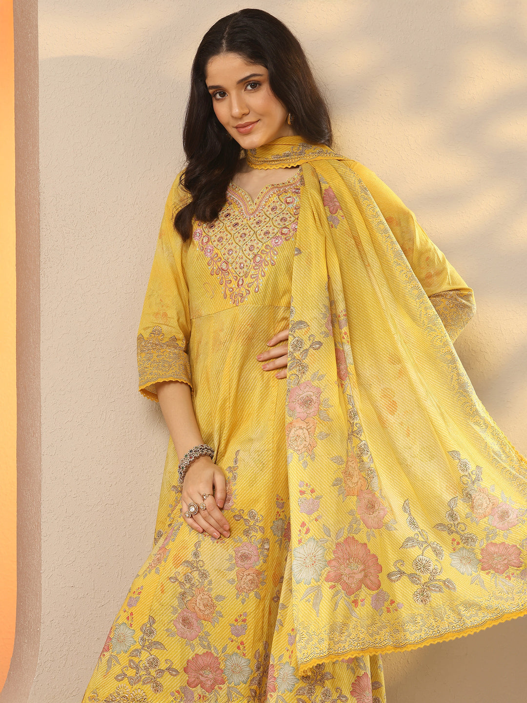  Mustard Printed Cotton Anarkali Suit Set With Dupatta 