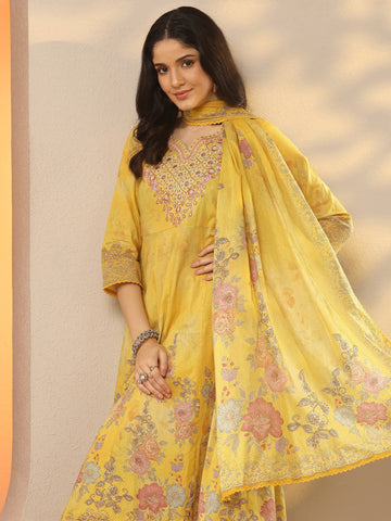 Mustard Printed Cotton Anarkali Suit Set With Dupatta