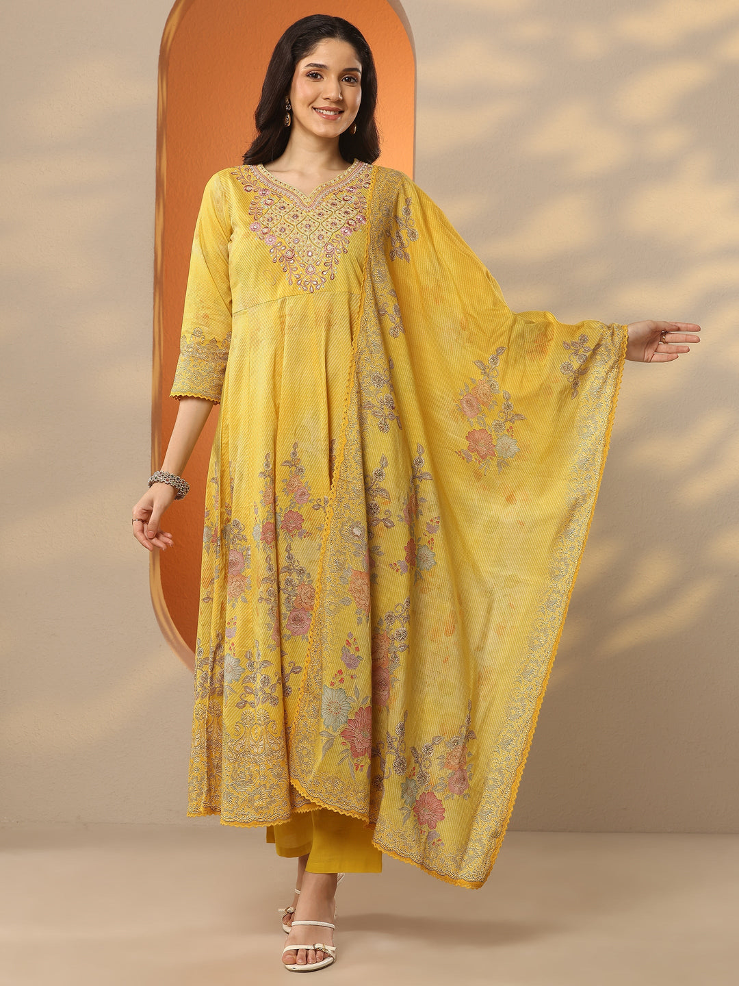 Mustard Printed Cotton Anarkali Suit Set With Dupatta 