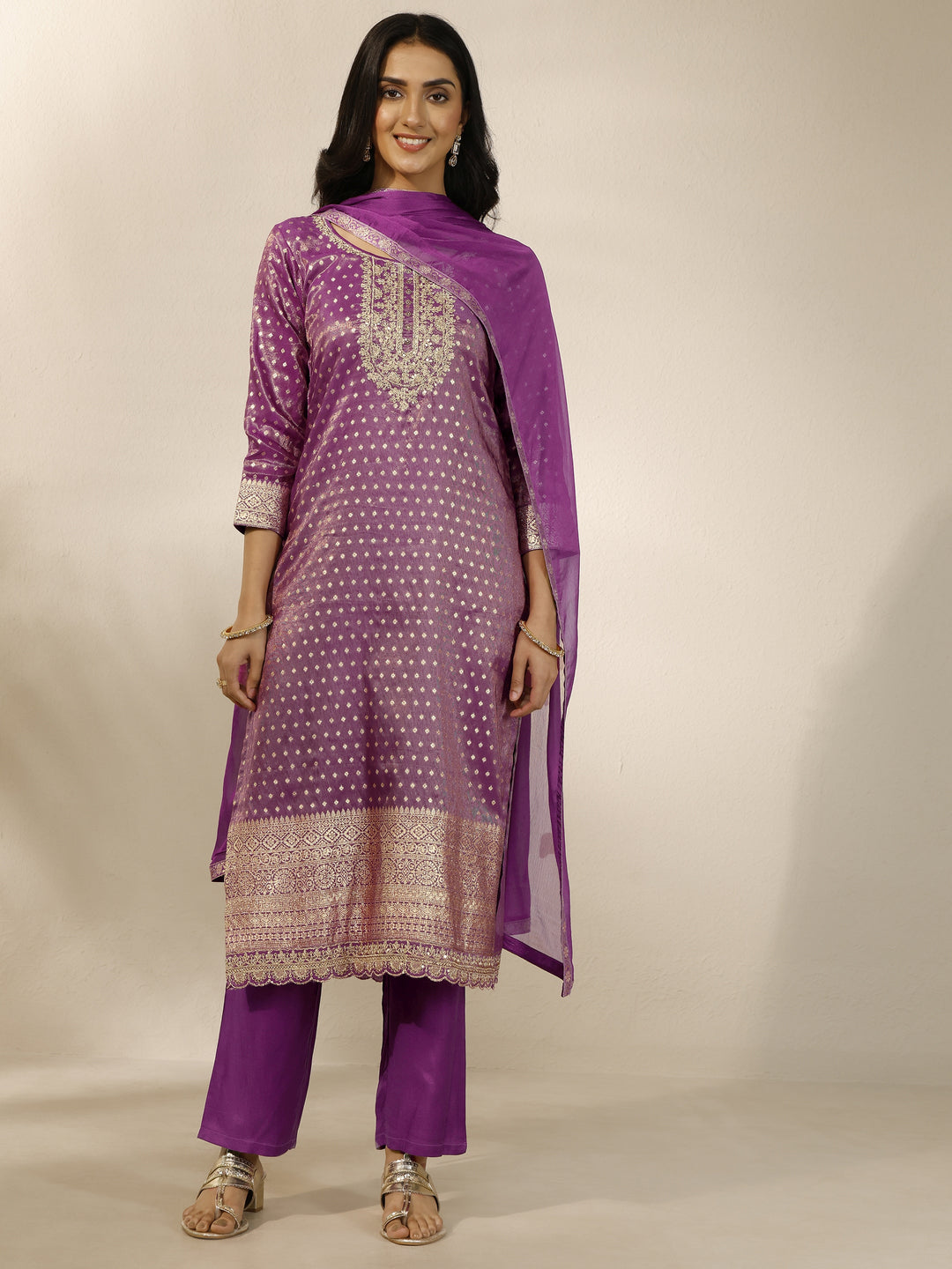  Purple Embroidered Silk Blend Straight Suit Set With Dupatta 